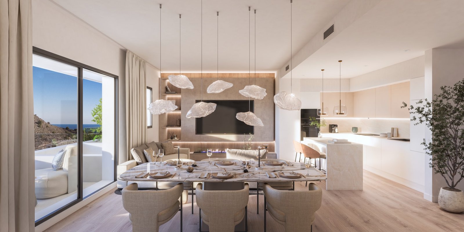 Salón y cocina de concepto abierto