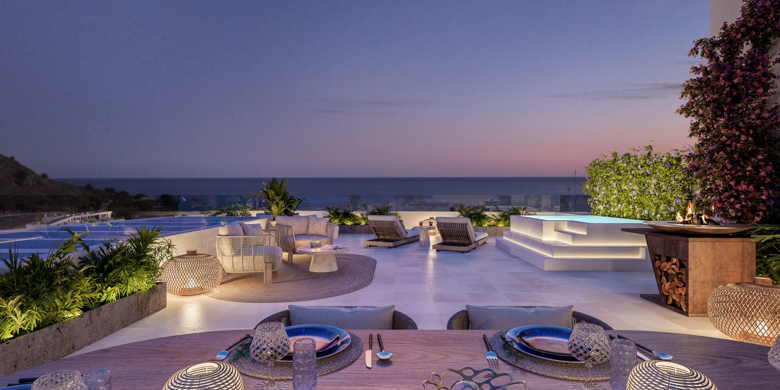 Terraza lounge al atardecer